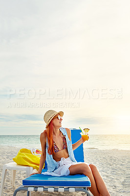 Buy stock photo Beach, relax and happy woman with fruit cocktail on holiday, travel or summer vacation outdoor on island in Greece. Sea, laughing and girl in bikini with alcohol drink at ocean mockup space on chair