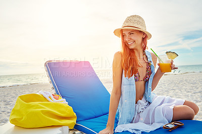 Buy stock photo Ocean, chair and happy woman with cocktail on vacation, travel and summer holiday outdoor on island in Ireland. Beach, tourist and girl with alcohol fruit drink at sea to relax or thinking in nature