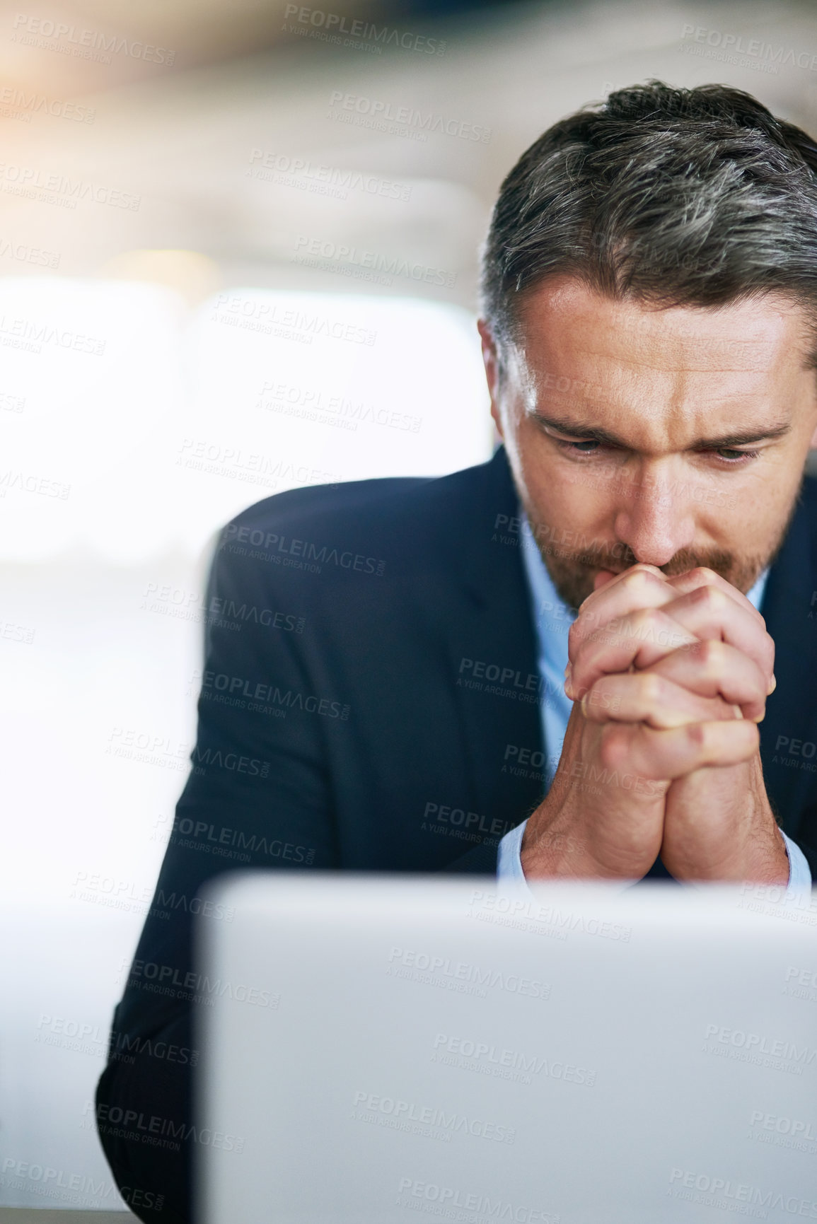 Buy stock photo Businessman, laptop and financial stress in office for corporate deal or stock market, worry or solution. Male person, broker and economy review or mistake anxiety investment fail, trading or budget