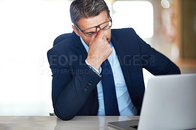Buy stock photo Employee, stress and man with a headache, laptop and anxiety with error, burnout or overworked. Male person, consultant or tired agent with a pc, migraine or internet issue with depression or fatigue