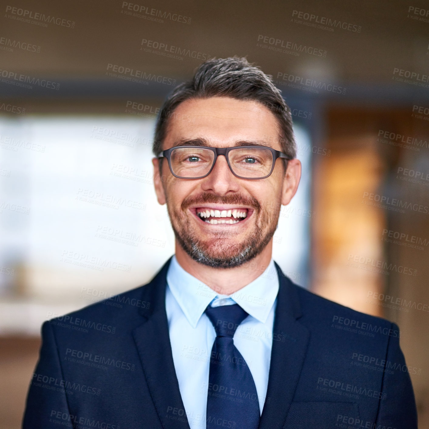 Buy stock photo Corporate businessman, portrait and happy in office with confidence for leader in finance company. Professional, employee and face of manager with mockup, excited for auditing career and glasses