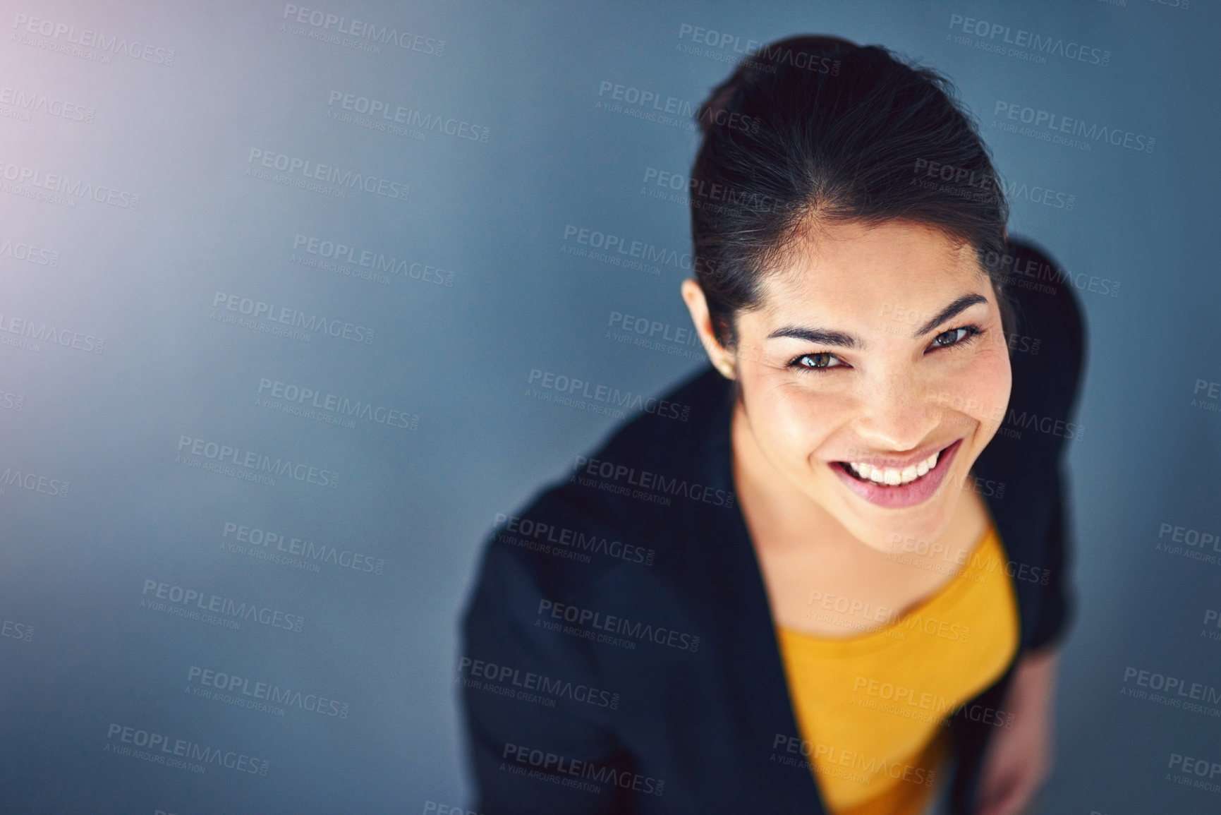 Buy stock photo Business, woman and portrait in above studio with pride for professional career, lawyer or ambition of opportunity. Smile, female person and confident, legal consultant or law firm on blue background