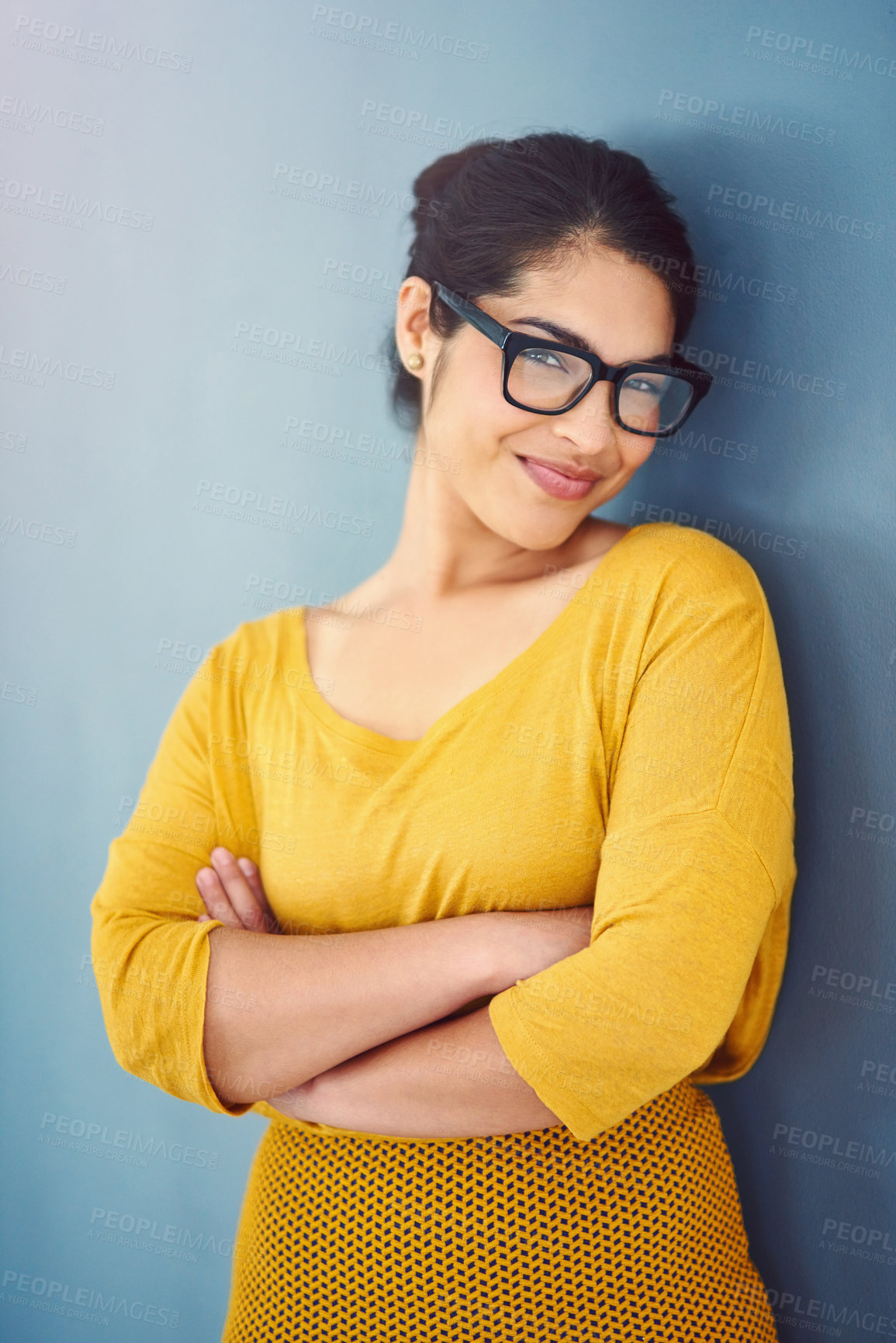 Buy stock photo Portrait, arms crossed and business woman in office with confidence from creative consultant job. Glasses, entrepreneur and wall with professional, work fashion and employee at consultation agency