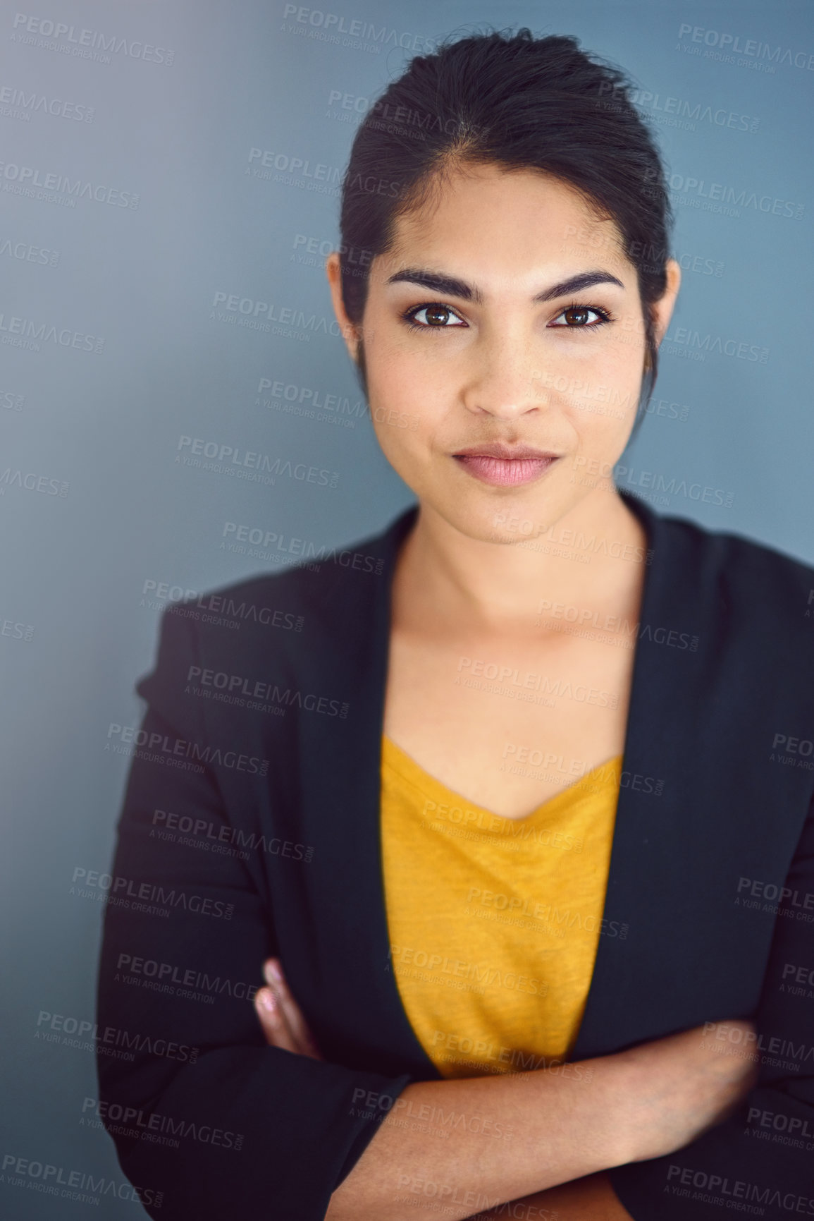 Buy stock photo Business woman, portrait and crossed arms in studio on gray background for career, job and work. Employee, serious and confident accountant for pride, professional and corporate agenda with goals