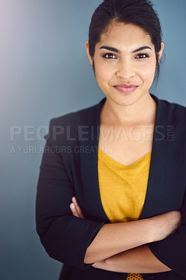 Buy stock photo Business woman, portrait and crossed arms in studio on gray background for career, job and work. Employee, smile  and confident accountant for pride, professional and corporate agenda with goals