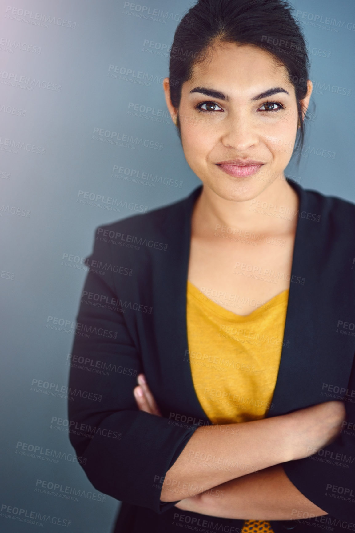 Buy stock photo Business woman, portrait and crossed arms in studio on gray background for career, job and work. Employee, smile  and confident accountant for pride, professional and corporate agenda with goals