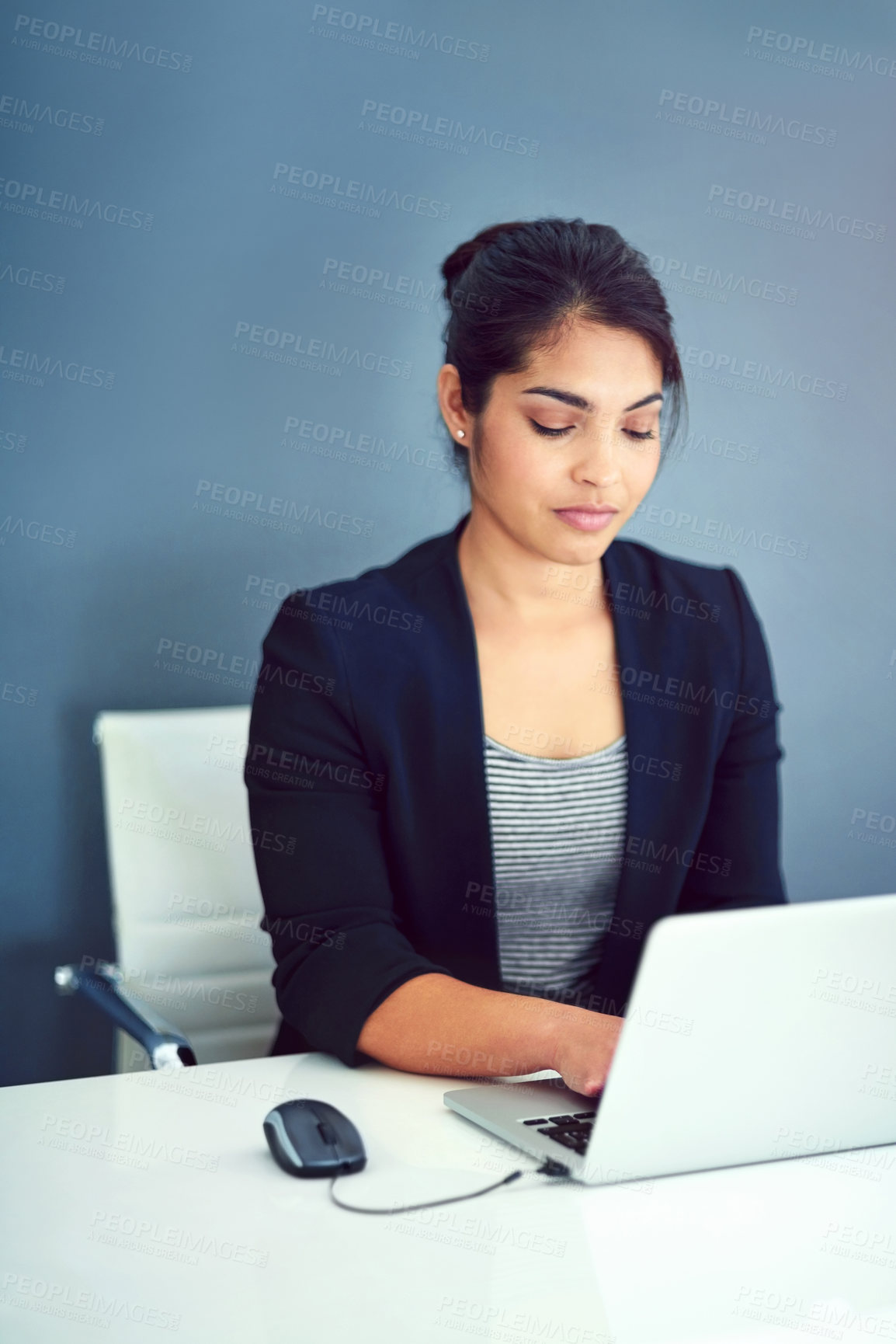 Buy stock photo Business woman, typing and working on laptop for office planning, research and online report in human resources. Professional worker on computer with software for job, career or employee information