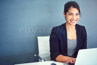 Buy stock photo Confidence, happy and portrait of a businesswoman working on a laptop by wall with mockup space. Happiness, smile and professional female human resources manager doing research in office with mock up