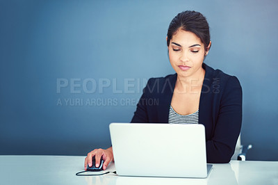 Buy stock photo Businesswoman, working and office with laptop on desk, online review and browsing or project info on company website. Mock up, professional and social networking, administrator and planning schedule