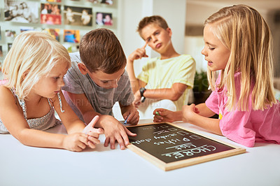 Buy stock photo Kids, writing and chalkboard for chores, list and group for teaching, help or development in family house. Children, blackboard or notes for siblings, schedule or planning for cleaning with hygiene