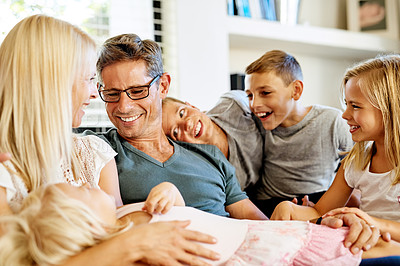 Buy stock photo Family, mom and dad with children in home, relaxing and bonding together on weekend with happiness. House, father and mother with kids for playful, connection and cheerful relationship with parents