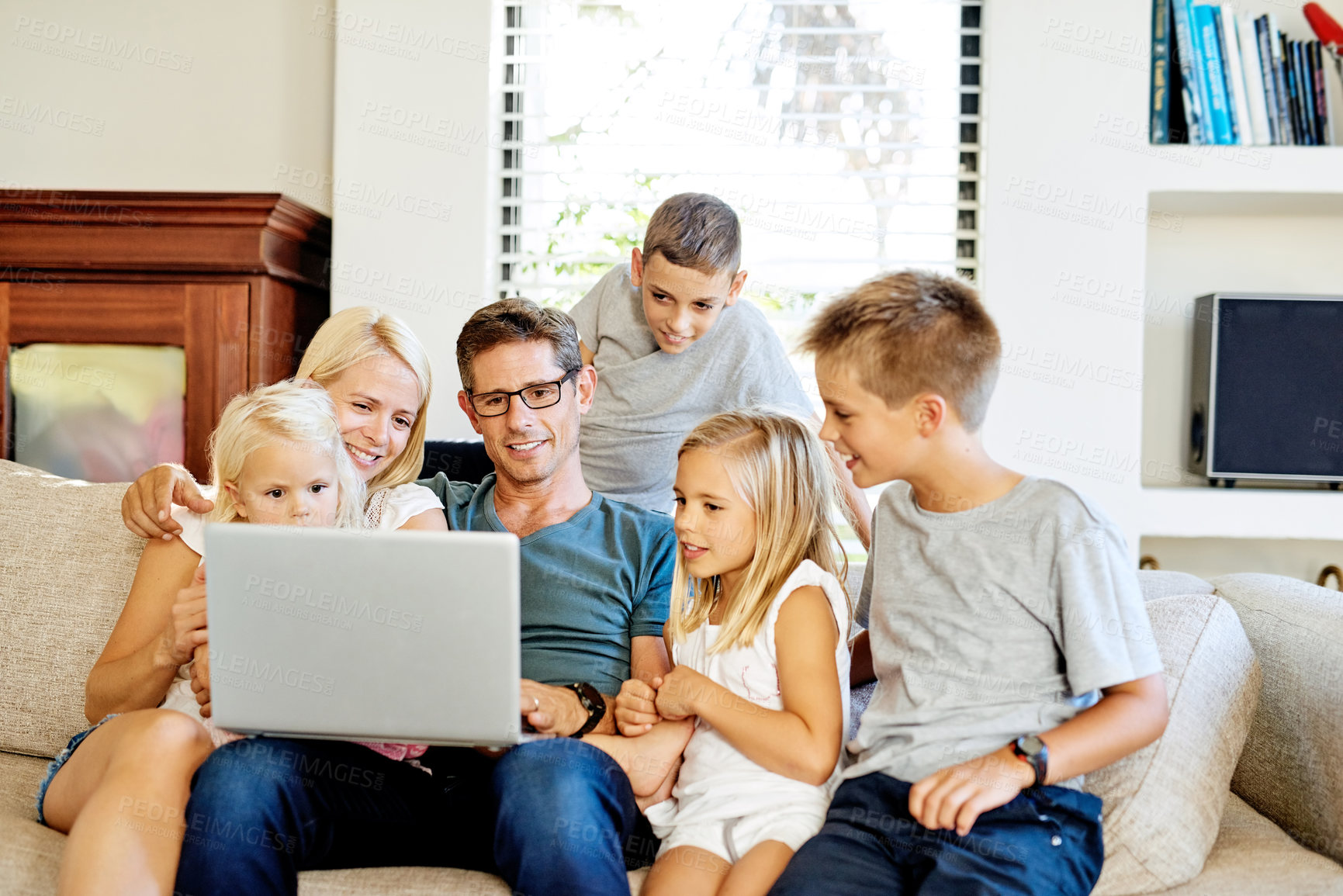 Buy stock photo Mom, dad and children on sofa with laptop, online cartoon and subscription with connection. Family home, mother and father with kids for streaming movies, video and bonding together with comedy film