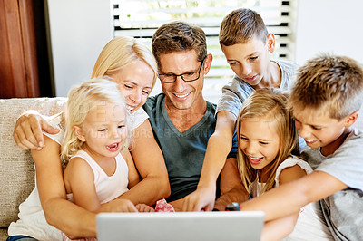 Buy stock photo Mother, father and kids for movies with laptop, online cartoon and subscription with connection. Family home, mom and dad with children for film choice, streaming comedy or bonding with entertainment