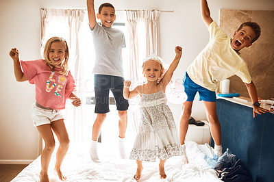 Buy stock photo Portrait, kids and jump for fun on bed with energy, freedom and family bonding of connection together. Children, playful and bounce game with love, care and support of development growth at house