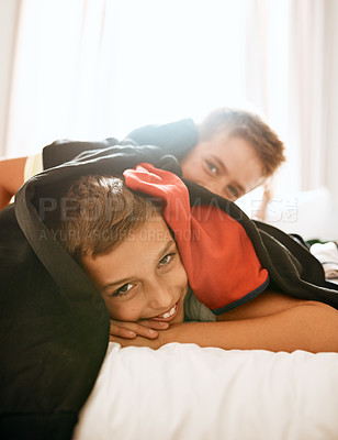 Buy stock photo Children, brothers and portrait on bed for fun, playful and weekend enjoyment at home. Boys, happy or family in bedroom with energy, trust and relationship development with care or support in morning