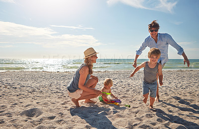 Buy stock photo Happy, people and children playing on the beach on family holiday, vacation or adventure in summer. Boy, father and kids with Miami ocean for fun energy and happiness with running race chase game