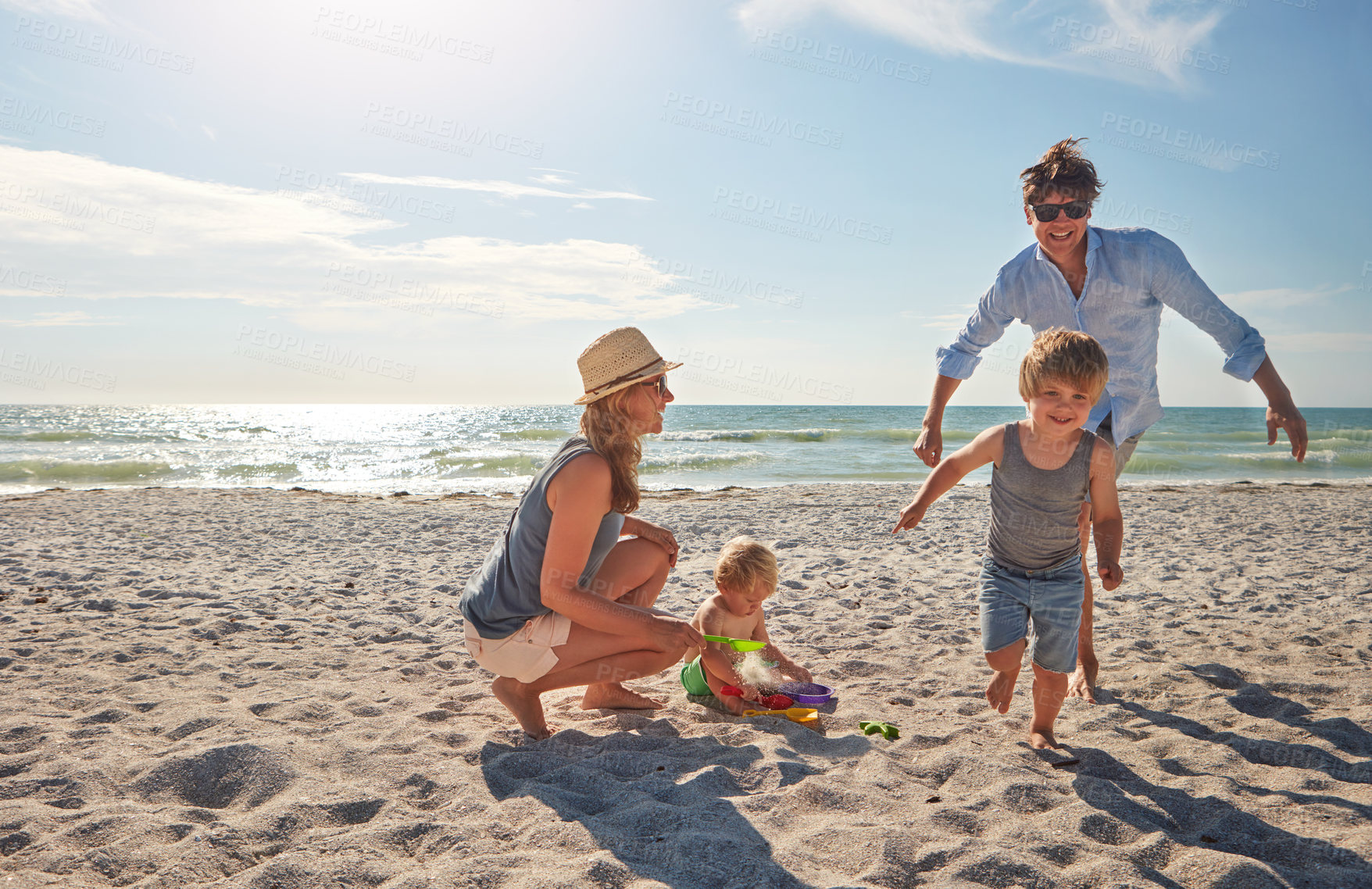 Buy stock photo Happy, people and children playing on the beach on family holiday, vacation or adventure in summer. Boy, father and kids with Miami ocean for fun energy and happiness with running race chase game