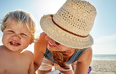 Buy stock photo Woman, portrait and child on beach as family on holiday, vacation in Istanbul for happiness or memory. Excited, parent and ocean for relax, together and bonding as mom for growth, development or love