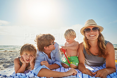 Buy stock photo Portrait, relax or kids with parents at sea on holiday vacation or happy family weekend together. Father, fun mother or children siblings at beach for bonding or playing in nature in Spain with love