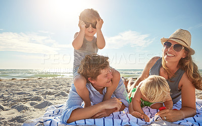 Buy stock photo Portrait, piggyback or children with family at sea for vacation, holiday or summer together with parents. Father, mother or happy kids siblings at beach for bonding, love or playing by ocean to relax