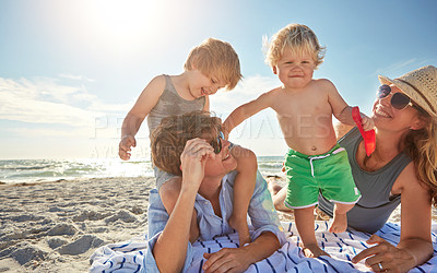 Buy stock photo Portrait, piggyback or kids with family at sea for vacation, holiday or summer together with parents. Father, mother or happy children siblings at beach for bonding, love or playing by ocean to relax