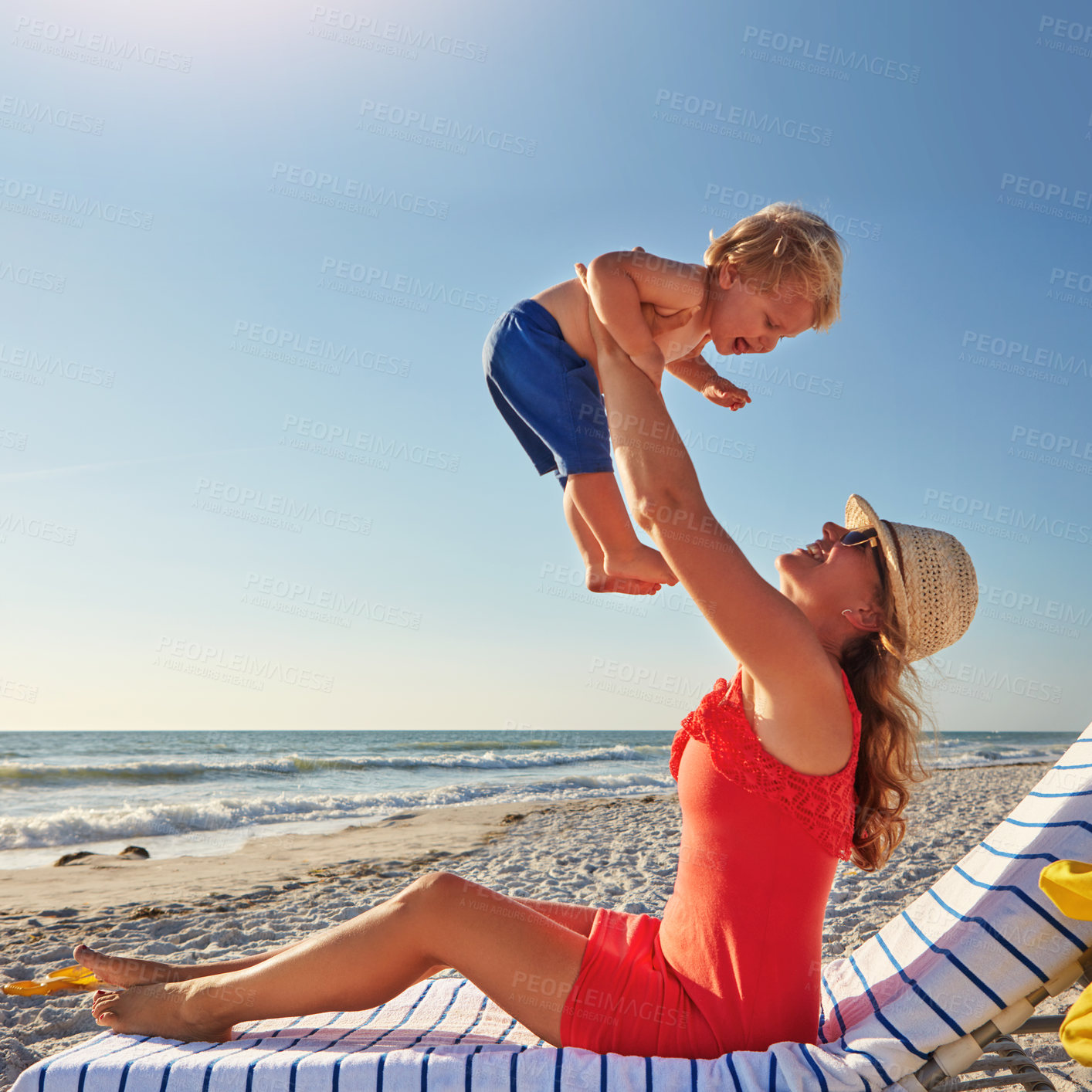 Buy stock photo Woman, lifting and kid on beach as family on holiday, vacation in Istanbul for happiness or memory. Excited, mom and child for relax, together and bonding in playing for growth, development or love