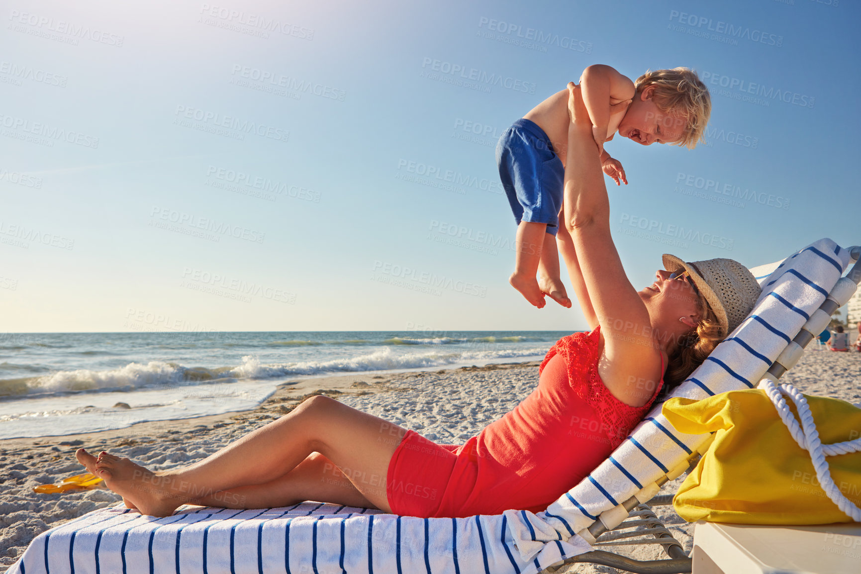 Buy stock photo Woman, lifting and boy on beach in playing on holiday, vacation in Istanbul for happiness or memory. Excited, mom and child for relax, together and bonding in play for growth, development or love