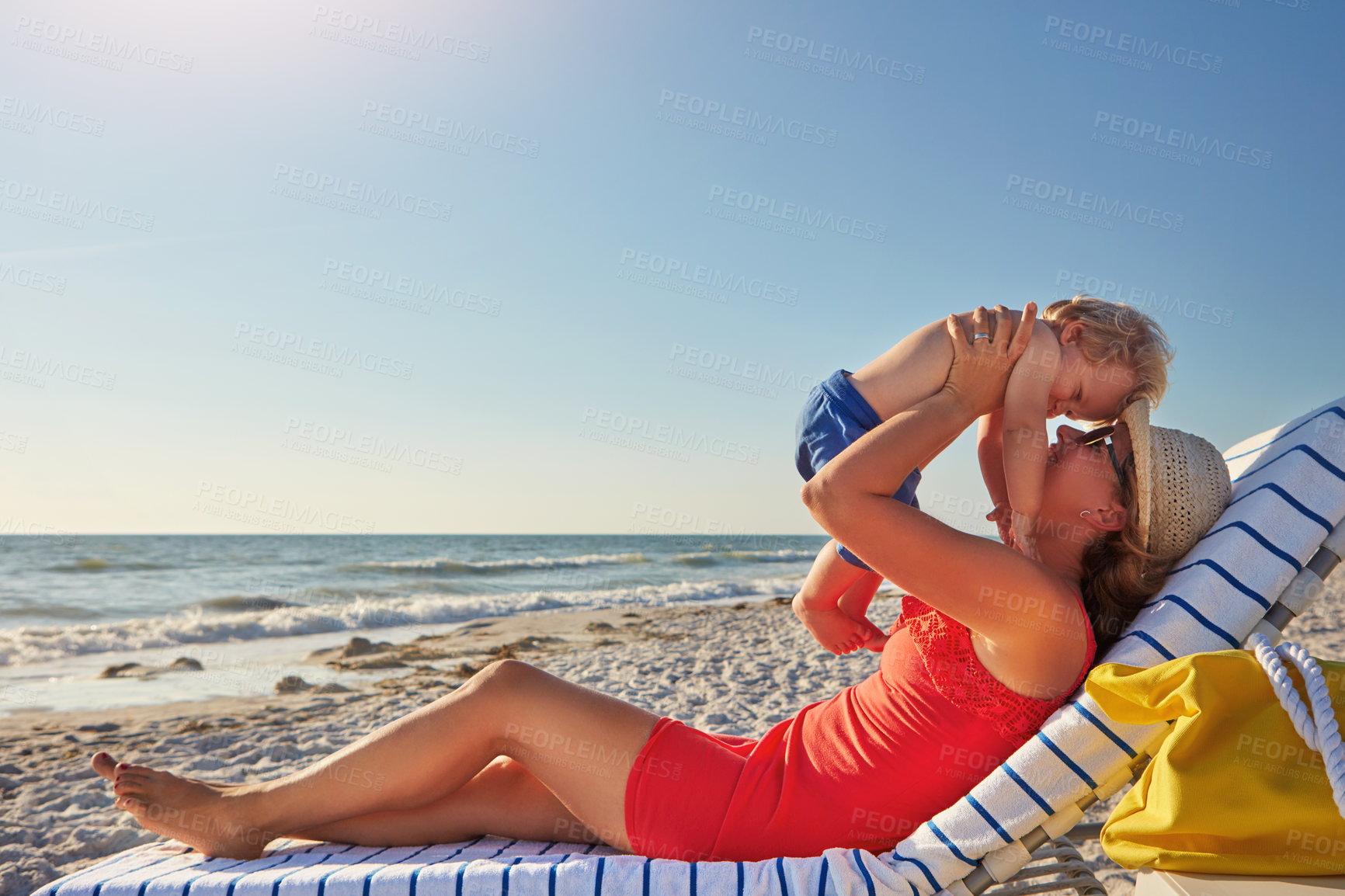 Buy stock photo Woman, lifting and boy on beach with love on holiday, vacation in Istanbul for happiness or memory. Excited, mom and child for relax, together and bonding in play for growth, development or playing