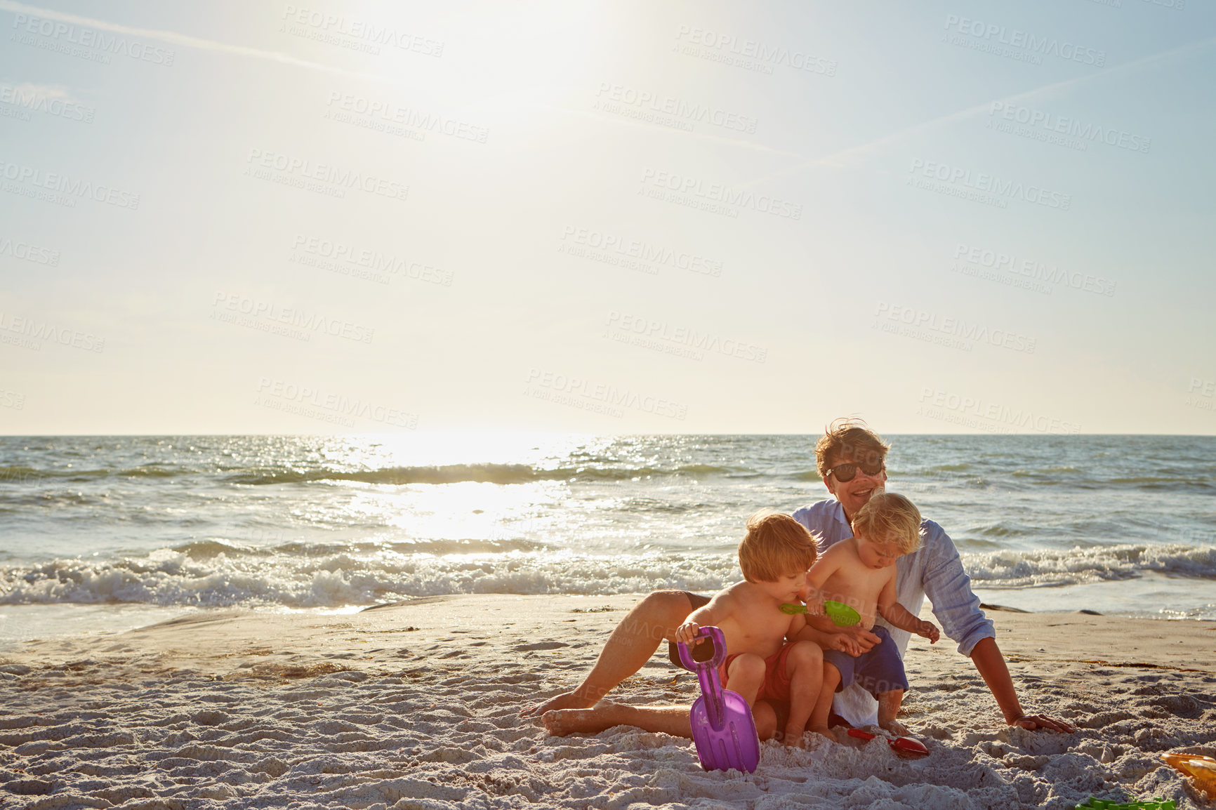 Buy stock photo Playing, relax or children with dad at beach on holiday vacation or happy family weekend together. Single parent, fun father or kids siblings at sea for bonding, love or wellness on sky mockup space