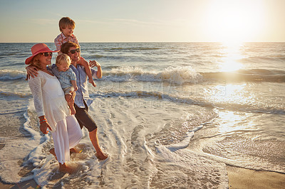 Buy stock photo Vacation, holiday and fun for family, beach and bonding in trip, journey and summer in California. Sea, peace and children will parents, waves and water of ocean, couple and man with woman together