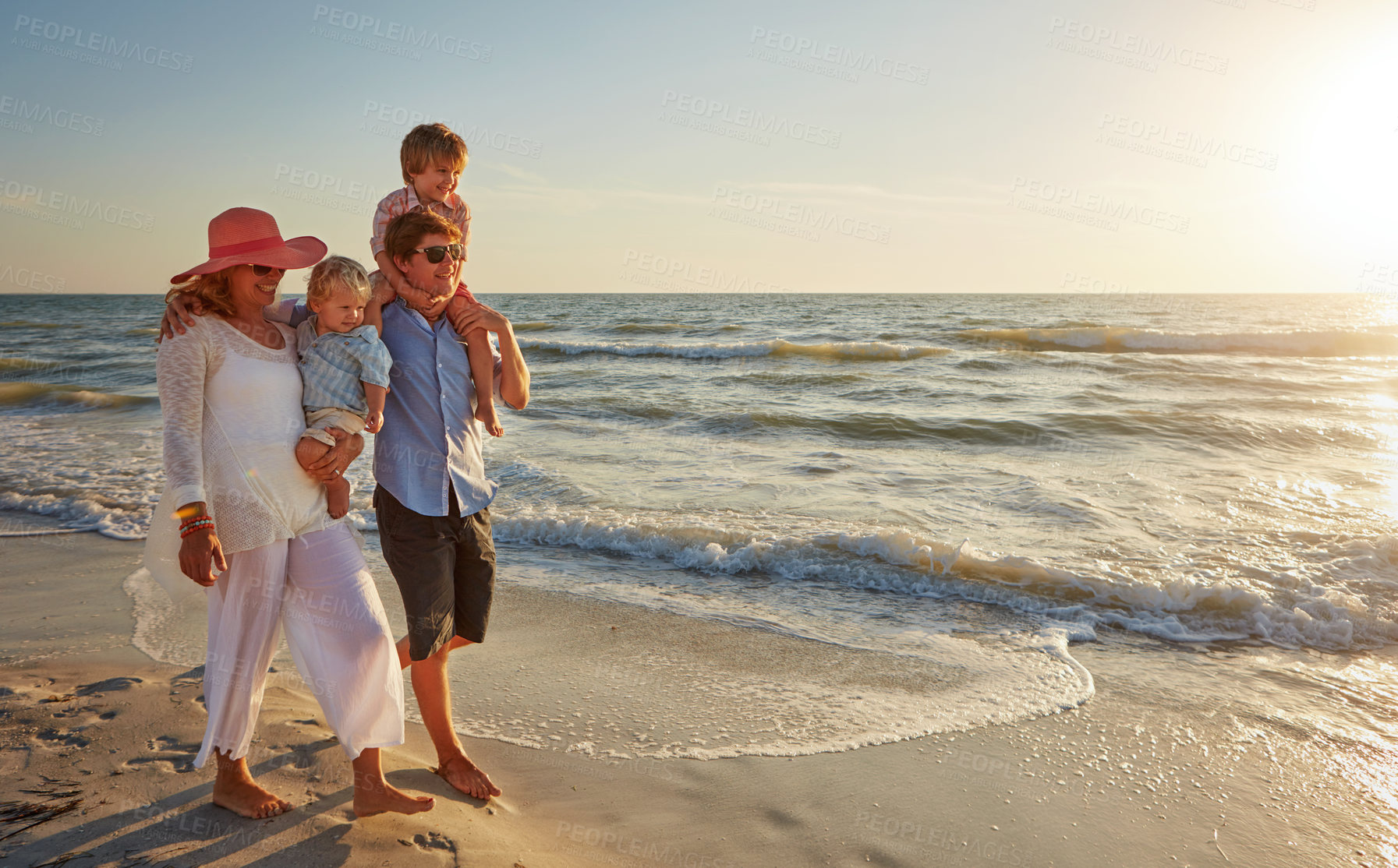 Buy stock photo Happy family, beach vacation and love, walking and holiday on tropical island. Man, woman and children together with sunglasses by ocean waves for travel with wellness at sunset in  Mauritius