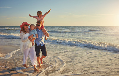 Buy stock photo Outdoor, holiday and fun for family, beach and bonding in trip, walking and summer in California. Sea, peace and children will parents, waves and water of ocean, couple and man with woman together