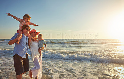 Buy stock photo Outdoor, holiday and walking for family, water and bonding in trip, fun and beach in California. Sea, peace and children will parents, waves and vacation of ocean, couple and man with woman together