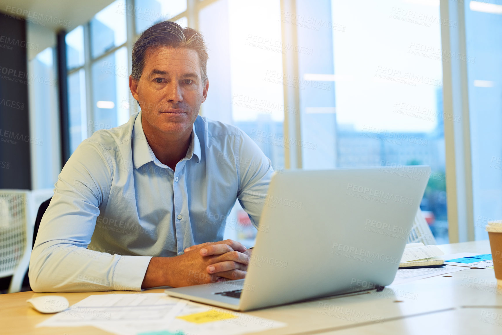 Buy stock photo Businessman, portrait and laptop as management, employee and accountant in finance company. Male person, tech and working with email, project and portfolio for tax review, development and corporate