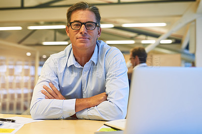 Buy stock photo Portrait of a successful businessman posing with his arms crossed at his desk in the office