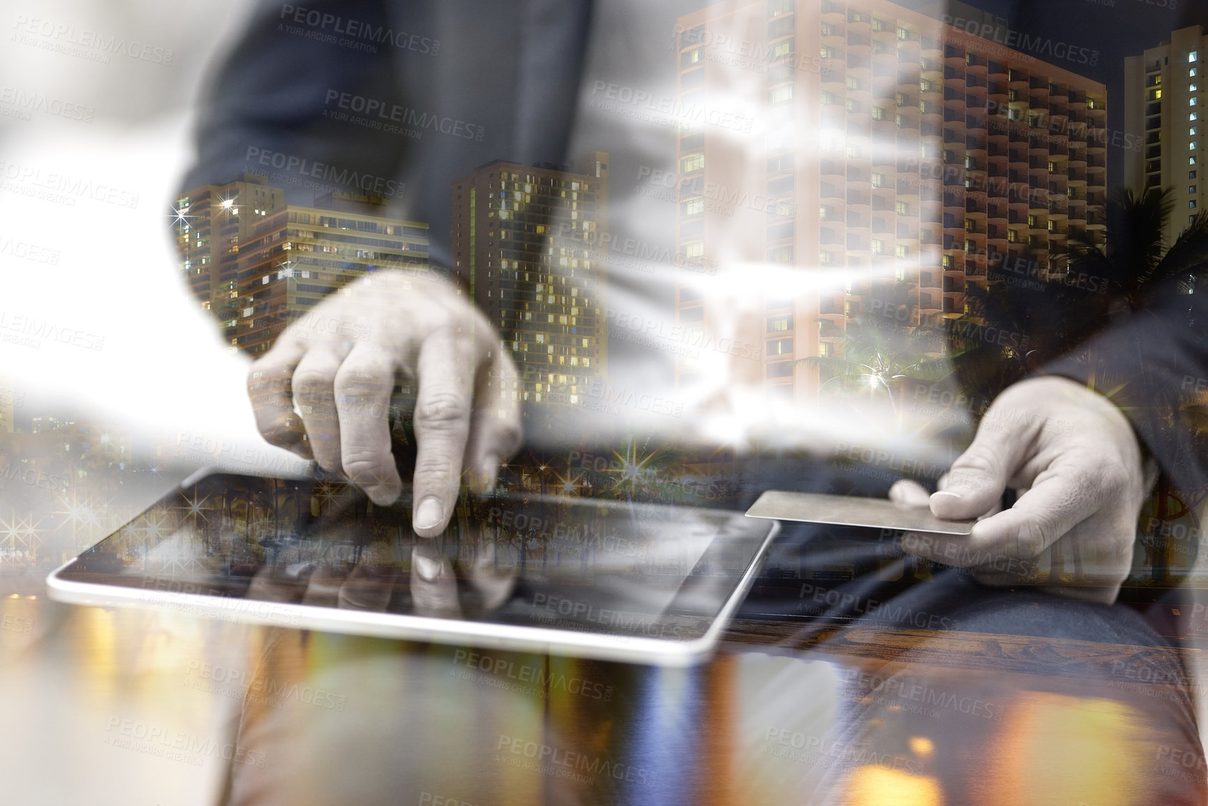 Buy stock photo Credit card, hands and tablet in double exposure for online shopping, fintech or payment in global e commerce at night. Person, investor or trader typing on digital tech for banking in city overlay 
