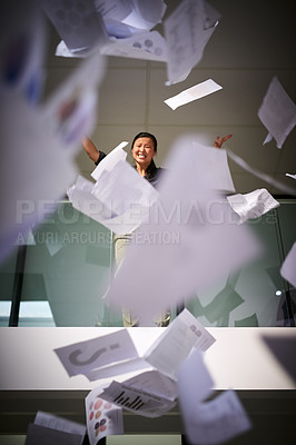 Buy stock photo Throw, documents and business woman in success, celebration or news of project goals or achievement. Excited Asian worker, analyst or accountant with paperwork in air of sales, bonus or data solution