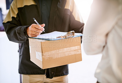 Buy stock photo Customer, box and hands of delivery man with a package and pen for signature on paper at front door. Logistics worker with a courier company parcel for e commerce shipping or mail distribution
