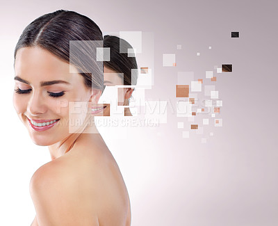 Buy stock photo Overlay, smile and woman with skincare in studio for dermatology, texture and facial results. Female person, happy and relax with pixels on white background for cosmetic, treatment and transformation