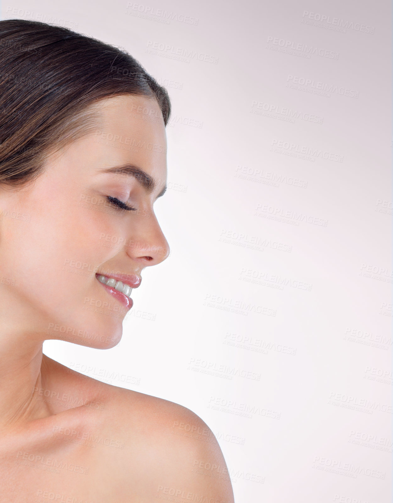 Buy stock photo Dermatology, skincare and face of woman on a white background for spa cosmetics, wellness and salon. Beauty mockup, aesthetic and happy person with smile, facial treatment and makeup in studio