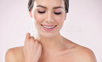 Buy stock photo Beauty, skincare and face of woman on a white background for cosmetics, wellness and facial treatment. Dermatology, spa aesthetic and isolated happy person with smile, salon and makeup in studio