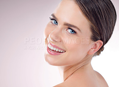 Buy stock photo Beauty, skincare and portrait of happy woman for wellness, glow and makeup isolated on pink studio background. Cosmetics, face or laughing model in spa for dermatology, health and shine for aesthetic