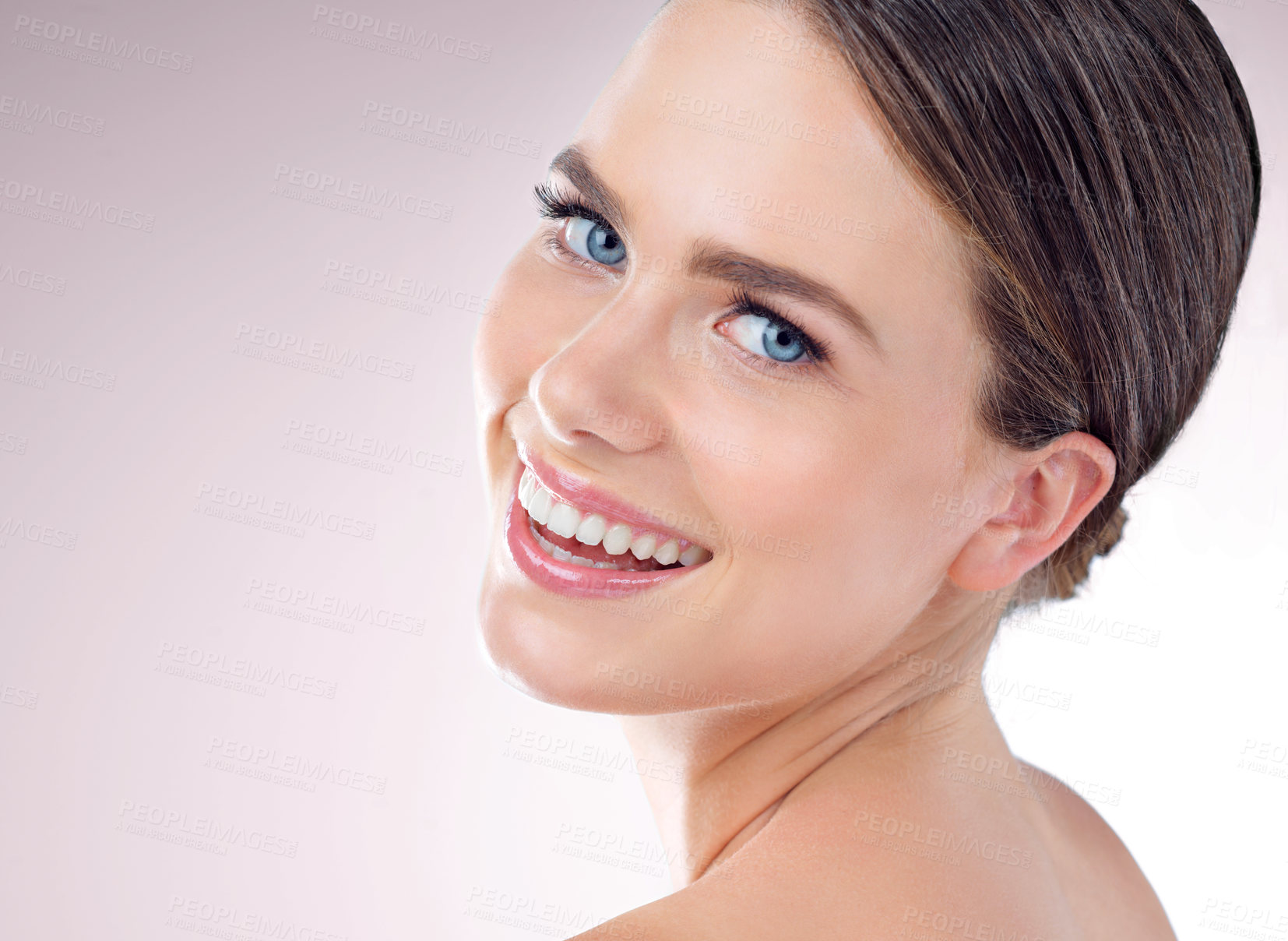 Buy stock photo Beauty, skincare and portrait of happy woman for wellness, glow and makeup isolated on pink studio background. Cosmetics, face or laughing model in spa for dermatology, health and shine for aesthetic