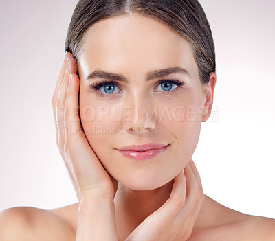 Buy stock photo Beauty, skincare and portrait of woman for wellness, glow or makeup isolated on studio background. Cosmetics, hands or confident model touch face in spa for dermatology, health or shine for aesthetic