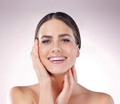 Buy stock photo Beauty, skincare and portrait of happy woman with makeup, glow or wellness isolated on studio background. Cosmetics, smile and model touch face in spa for dermatology, health and shine for aesthetic