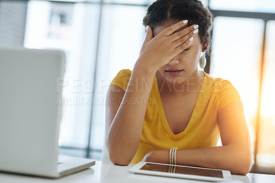 Buy stock photo Frustrated headache, tablet and woman in office, exhausted with 404 error, pain or web problem. Stress, fatigue and tired girl with burnout, anxiety and deadline for time management crisis at desk