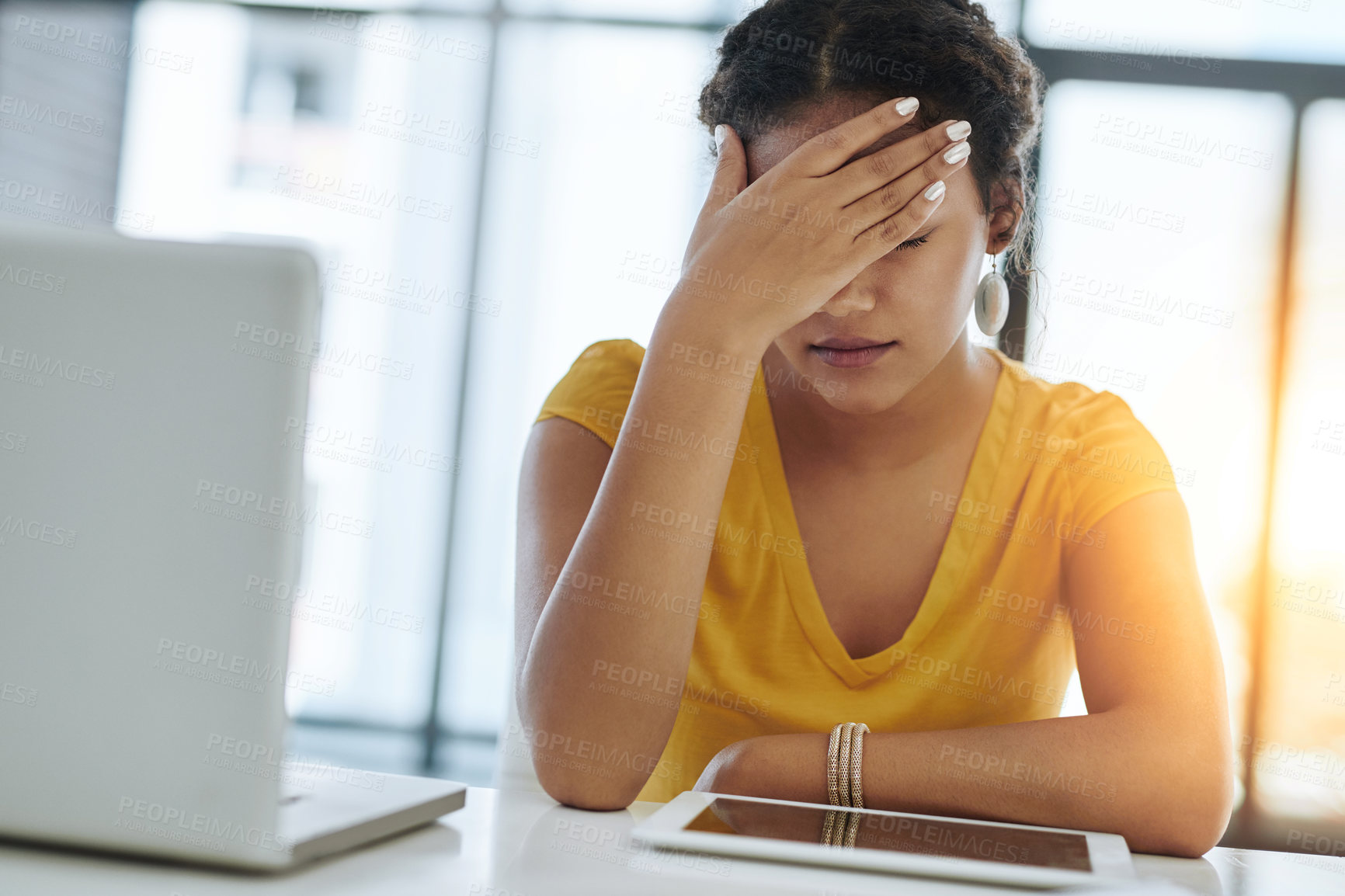 Buy stock photo Frustrated headache, tablet and woman in office, exhausted with 404 error, pain or web problem. Stress, fatigue and tired girl with burnout, anxiety and deadline for time management crisis at desk