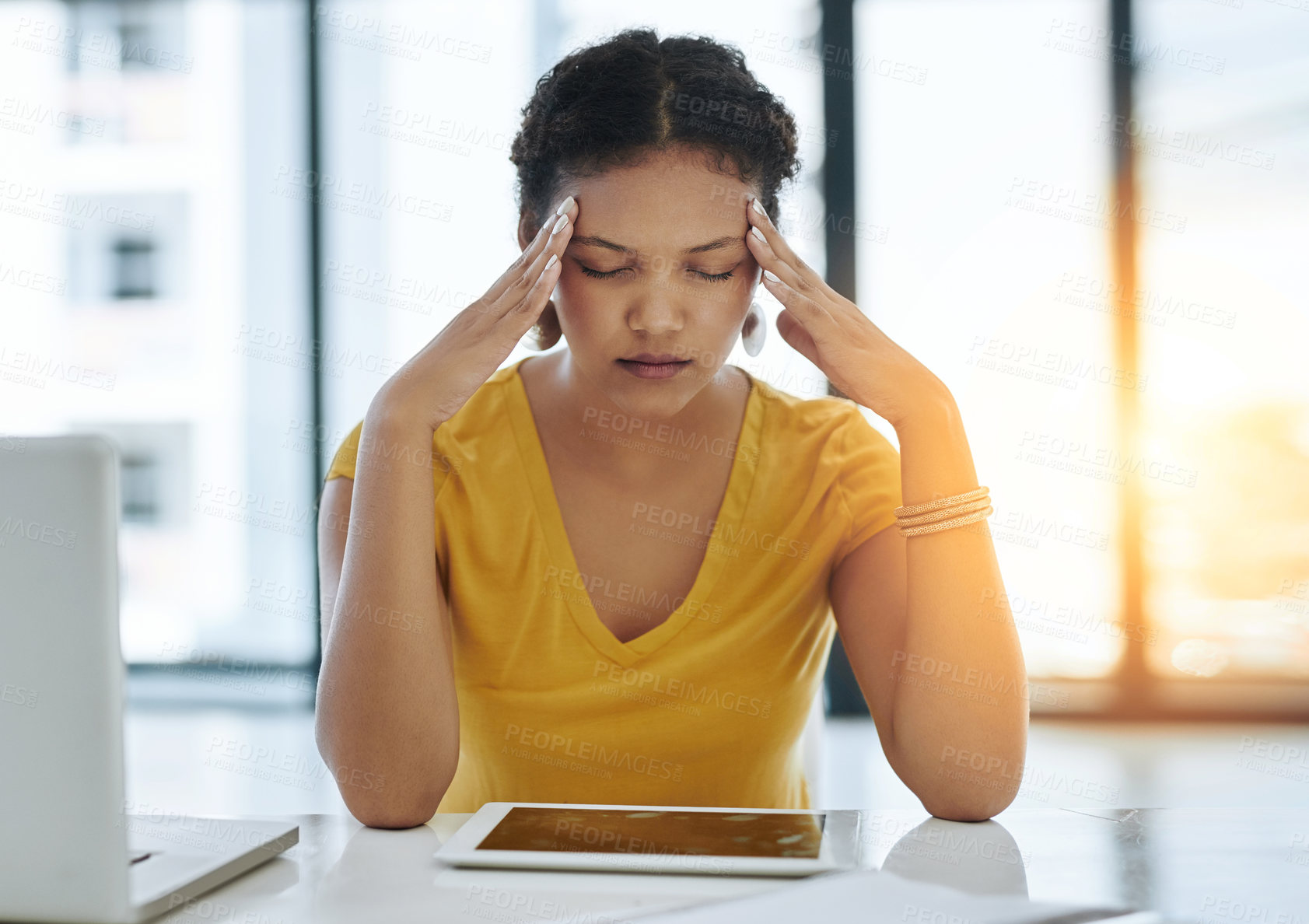 Buy stock photo Burnout headache, tablet and woman in office, exhausted with 404 error, pain or web problem. Frustrated, fatigue and tired girl with stress, anxiety and deadline for time management crisis at desk