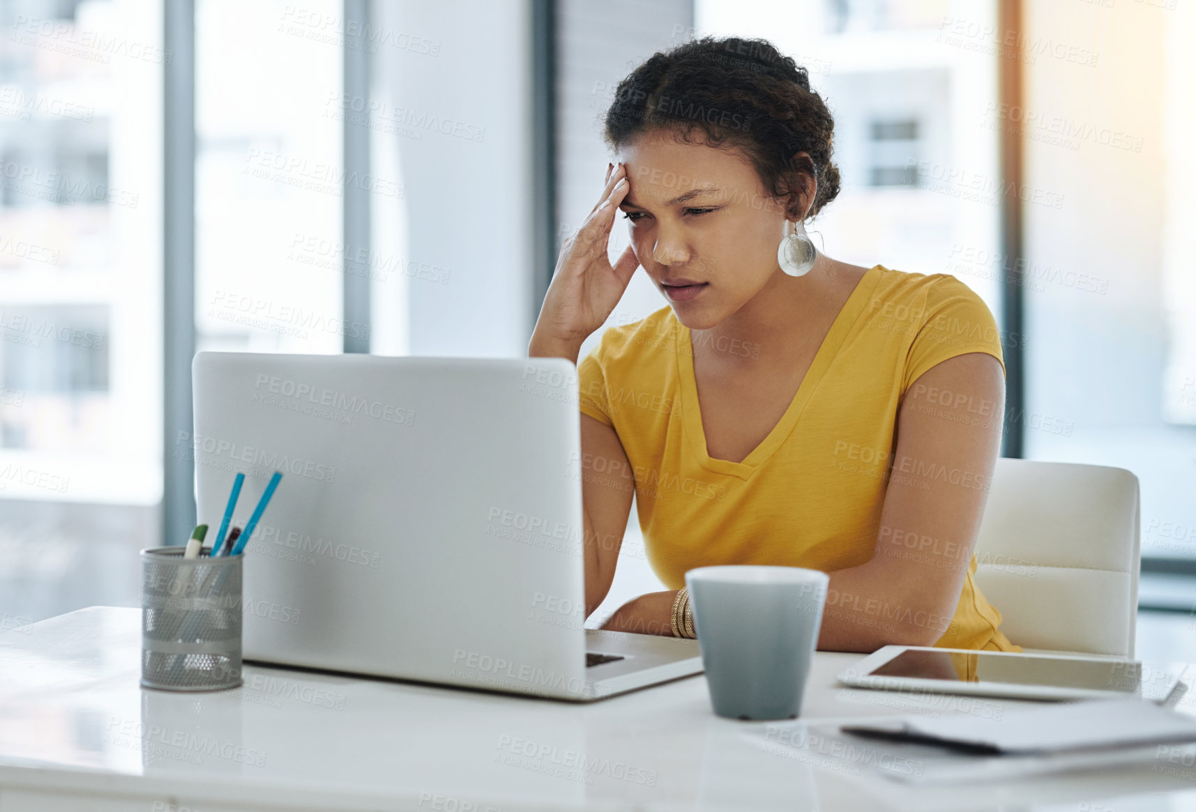 Buy stock photo Headache pain, laptop and woman in office, exhausted with 404 error, stress or web problem. Frustrated, fatigue and tired girl with burnout, anxiety and deadline for time management crisis at desk