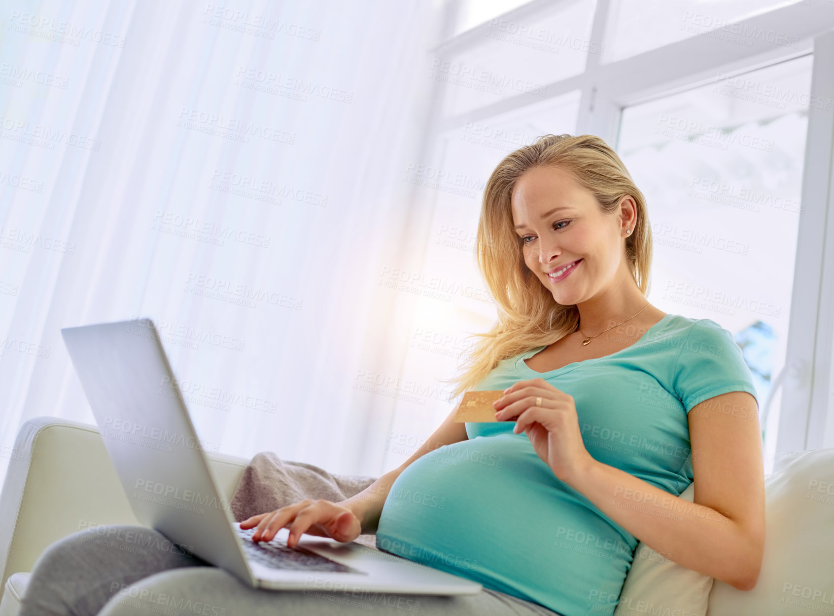 Buy stock photo Pregnant woman, happy and credit card with laptop in home for online shopping and financial payment on sofa. Ecommerce, person and web purchase for maternity medical aid and prenatal subscription